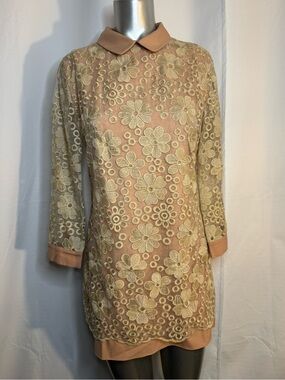 Peach Floral Lace Overlay Shift Dress